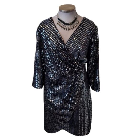 Lane Bryant Silver Sequin & Black Velvet Wrap Dress Party Date Night New w Tags - Picture 1 of 11